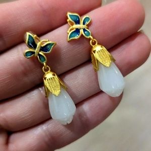 White Jade Series: Vintage Teal Blue Butterflies Earrings